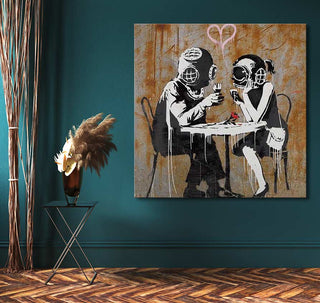 Banksy - Think Tank: Two figures with diving helmets share coffee at a café table, depicted in graffiti-style on a teal wall. Hand-painted street pop art.