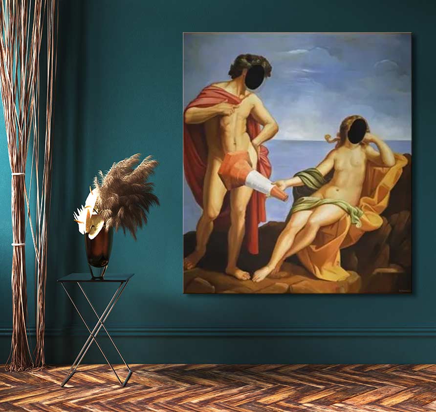 Banksy - Adonis & Venus: A stylized canvas with two mythological figures, featuring modern graffiti art. Perfect for pop art enthusiasts. Ready to hang.