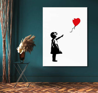 Banksy - Girl with Balloon 2: Hand-painted canvas showing a girl reaching for a heart-shaped balloon. Ideal for pop art enthusiasts. Ready to hang, no frame needed.