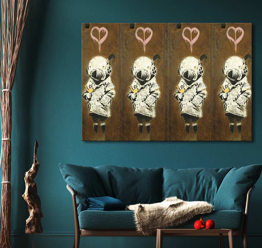 Banksy-inspired 'Four Divers' triptych with hooded figures and yellow birds, perfect for pop art lovers. Hand-painted on canvas, ready to hang.