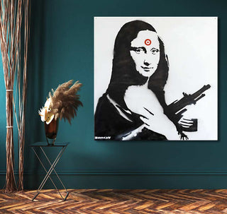 Banksy - Monalisa graffiti-style painting depicting Mona Lisa with a machine gun, hand-painted on high-quality canvas, ideal for modern interior design.