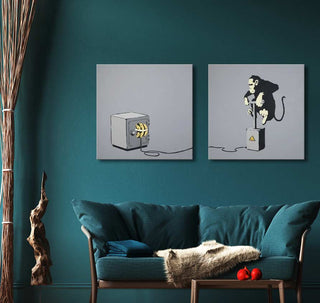 Modern street-art-style duo canvases with a monkey controlling a safe, titled 'Banksy - Monkey Burglary,' displayed in a teal-themed living room setting.