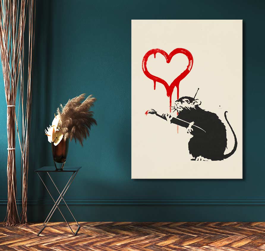 Banksy - The Rat artwork: stencil-style rat with paintbrush and red heart. Mounted on wall, perfect for pop art enthusiasts. Includes hanging system, UV-protected.