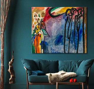 Wassily Kandinsky's Improvisation 19 on a teal wall, vibrant abstract forms in oil, adorns a modern living room with teal sofa and wooden accents.