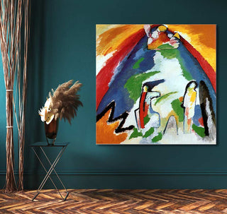 Wassily Kandinsky's Berg abstract painting on teal wall, complemented by a metal table with vase and dried grasses, perfect for modern interior design.