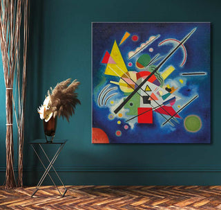 Wassily Kandinsky's Blue Painting displayed on a teal-green wall, featuring vivid abstract shapes and colors. Hand-painted, ready-to-hang, ideal for modern art enthusiasts.