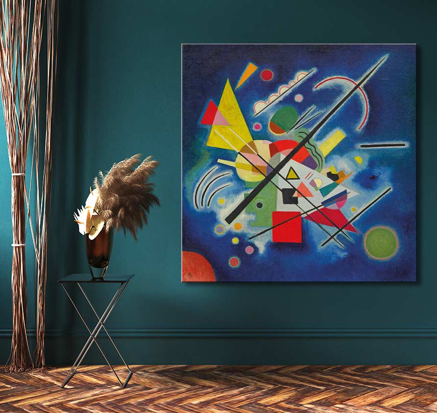 Wassily Kandinsky's Blue Painting displayed on a teal-green wall, featuring vivid abstract shapes and colors. Hand-painted, ready-to-hang, ideal for modern art enthusiasts.