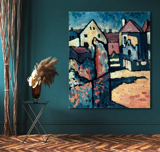 Wassily Kandinsky's 'Dorf' painting: bold, blocky village houses on canvas. Displayed in a modern interior with dried grasses, ideal for contemporary spaces.