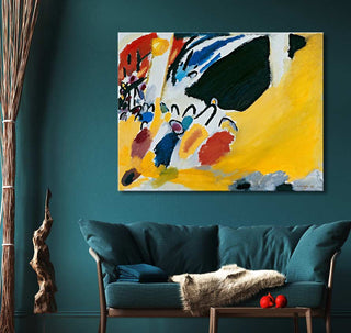 Wassily Kandinsky's Impression III Concert painting on teal wall above teal sofa, styled with eclectic decor; ideal for modern art enthusiasts.