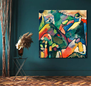 Wassily Kandinsky's Improvisation 1 displayed in a modern room, featuring abstract landscapes. Mounted on teal wall, complements black table and pampas grass.