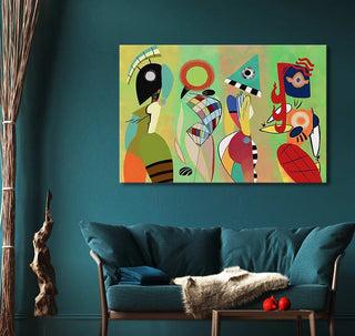 Wassily Kandinsky's Las Musas – a vibrant abstract painting of geometric shapes, ideal for modern interiors. Displayed above a teal sofa in a contemporary living room.