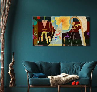 Wassily Kandinsky's Tensions Calmees painting with bold geometric designs above a teal sofa, complemented by modern decor elements. Hand-painted, ready to hang.