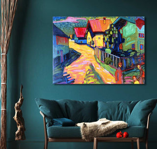 Wassily Kandinsky's 'Dorfstrasse' painting in a cozy living room, featuring a teal sofa and artistic accents, showcasing vibrant village life.