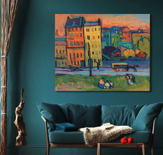 Wassily Kandinsky's Huizen: Post-impressionist cityscape with multicolored buildings, figures on grass, and a truck. Oil on canvas, framed, ready to hang.
