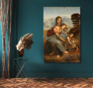 Leonardo da Vinci's Anna te Drieen hand-painted oil on canvas, depicting three biblical figures. Displayed in a styled room, ready to hang with UV protection.