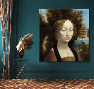 Leonardo da Vinci's Ginevra de' Benci oil painting, hand-painted, displayed in a modern room with minimalist decor and classical art elements.