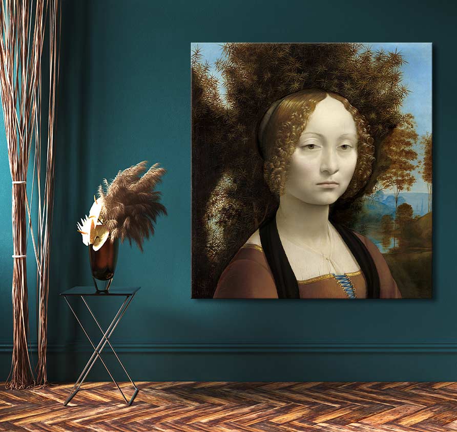Leonardo da Vinci's Ginevra de' Benci oil painting, hand-painted, displayed in a modern room with minimalist decor and classical art elements.