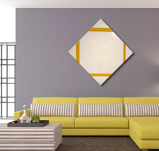 Piet Mondriaan's Compositie met gele lijnen painting, diamond-shaped, with mustard-yellow bars, adds a modern touch above a yellow sectional sofa in a minimalist room.