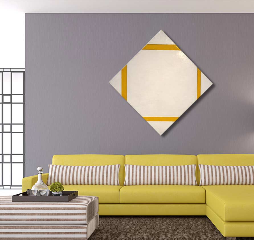 Piet Mondriaan's Compositie met gele lijnen painting, diamond-shaped, with mustard-yellow bars, adds a modern touch above a yellow sectional sofa in a minimalist room.