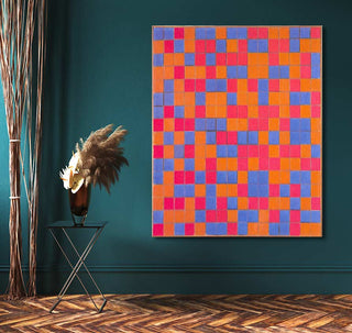 Piet Mondriaan's Compositie 3, an abstract oil painting with vibrant squares, hangs on a teal wall, styled with a minimalist interior setting.