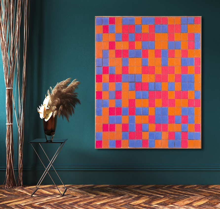 Piet Mondriaan's Compositie 3, an abstract oil painting with vibrant squares, hangs on a teal wall, styled with a minimalist interior setting.
