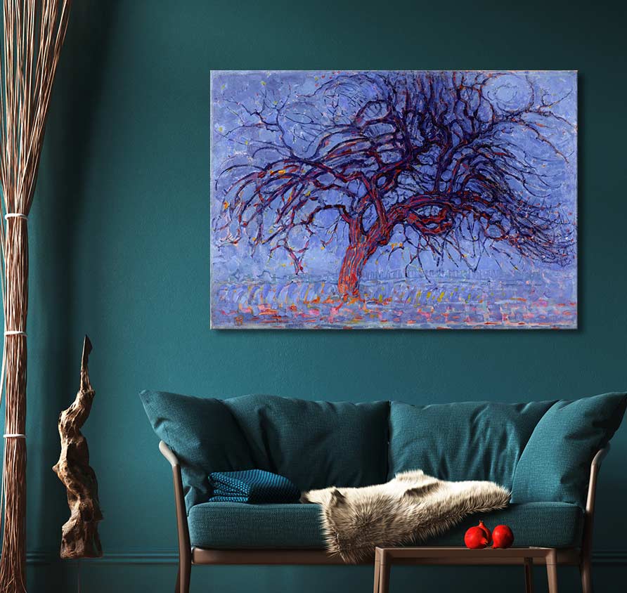 Piet Mondriaan's 'De Rode Boom' oil painting, featuring a vibrant tree, hangs above a teal sofa in a curated living room setting.