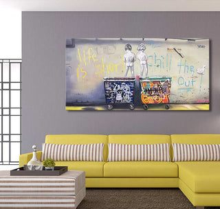Banksy - Chill the Duck Out (135x65cm) graffiti-style mural of children on dumpsters, hand-painted on quality canvas, perfect for pop art enthusiasts.