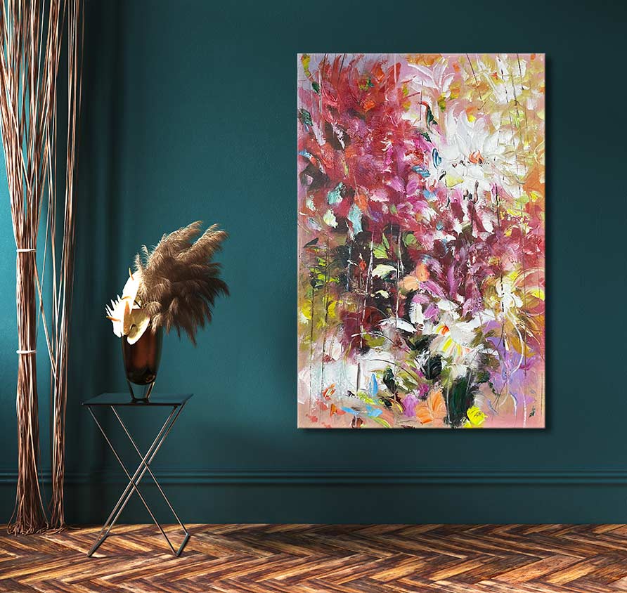 Handgeschilderd schilderij 'Bloemen uit Sint-Petersburg' op canvas, met abstracte bloemen in rode, roze en witte tinten. Geschikt voor interieurontwerp, zonder lijst nodig.