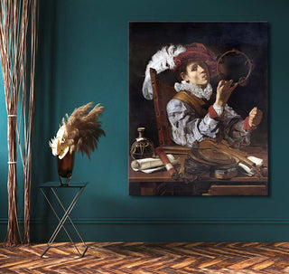 Caravaggio - The Conjurer: Renaissance-style portrait of a young man with tambourine, displayed in a room with a teal wall and chevron floor, enhancing classic décor.