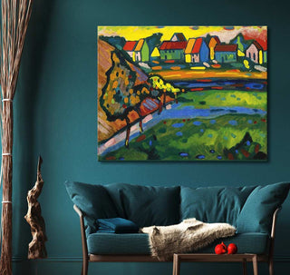 Wassily Kandinsky - Field with Bavarian Village painting on teal wall, featuring vivid landscapes. Perfect for modern art enthusiasts.