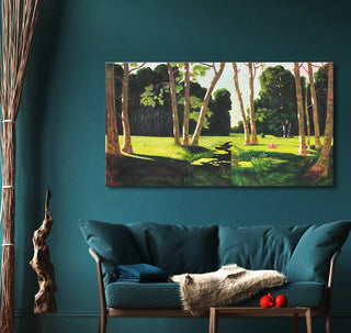 Claude Monet – Ochtend in de Tuin olieverfschilderij, toont een zonovergoten berkengroevenscène. Ideaal voor een stijlvolle woonkamerinrichting, zoals gezien op degrootmeesters.com.