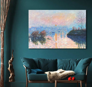 Handgeschilderd olieverfschilderij Oever van de Seine van Claude Monet, impressionistisch landschap met zonsopgang, mistige rivier en boten, gespannen op houten frame.