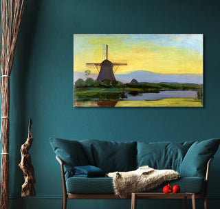 Piet Mondriaan - Molen bij Gorkum: Hand-painted oil painting of a windmill by a waterway, mounted on a wooden frame, ready to hang, perfect for modern art lovers.