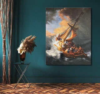 Rembrandt van Rijn – De Storm op Zee: Een olieverfschilderij met een zeilboot in zware storm, gespannen op houten frame, zonder lijst nodig, klaar om op te hangen.