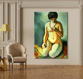 Pierre-Auguste Renoir's 'Meisje met de Koralen Halsketting', handgeschilderd olieverfschilderij van een knielende vrouw, perfect voor liefhebbers van impressionistische naaktkunst.