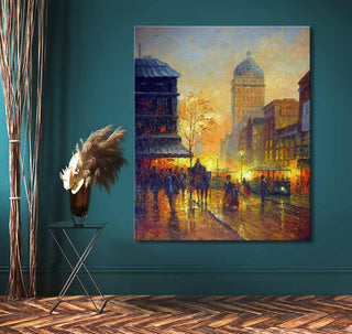 René Rambert's 'Sunset in Paris' depicts a romantic 19th-century Paris street scene with a horse-drawn carriage. Oil on canvas, 60x90cm, ready to hang.