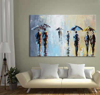 Handgeschilderd schilderij 'Five Umbrella’s and a Wet Suit' op canvas. Abstracte figuren met paraplu's in de regen, met paletmes-techniek, moderne en levendige kunst.
