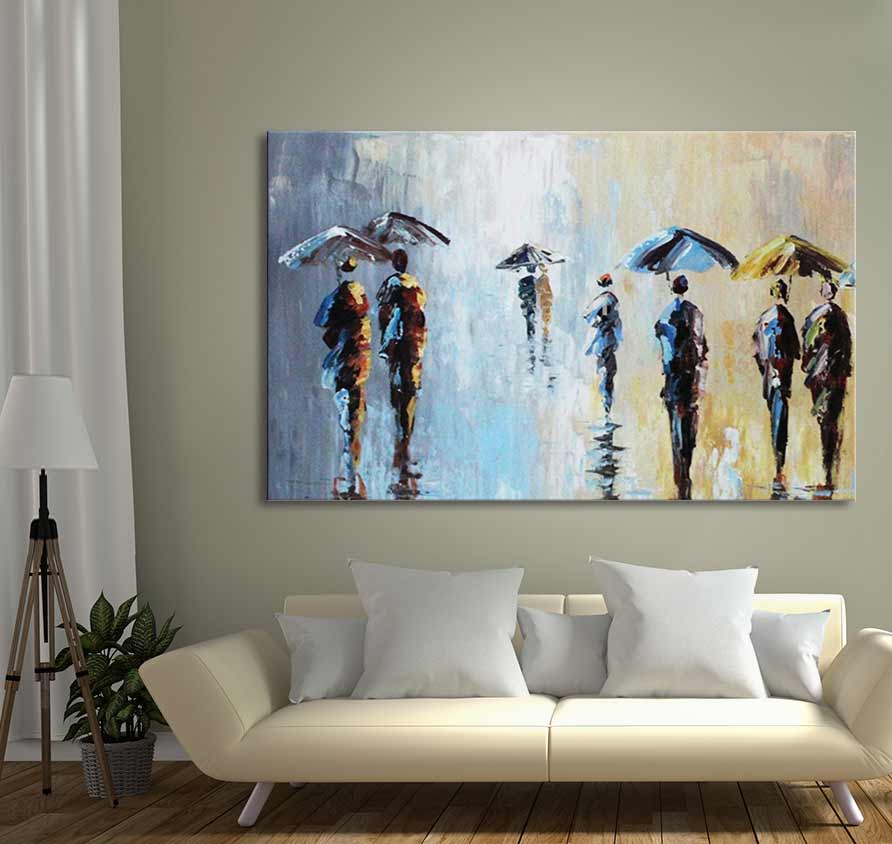 Impressionistisch schilderij 'Five Umbrella's and a Wet Suit'. Figuren met paraplu's in de regen, geschilderd met paletmes. Olieverf op canvas, museumkwaliteit.