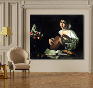 Michelangelo - De Luitspeler: Handgeschilderd olieverfschilderij van een jonge muzikant met luit, geïnspireerd door Caravaggio, op museumkwaliteit canvas. Ideaal voor klassieke kunstliefhebbers.