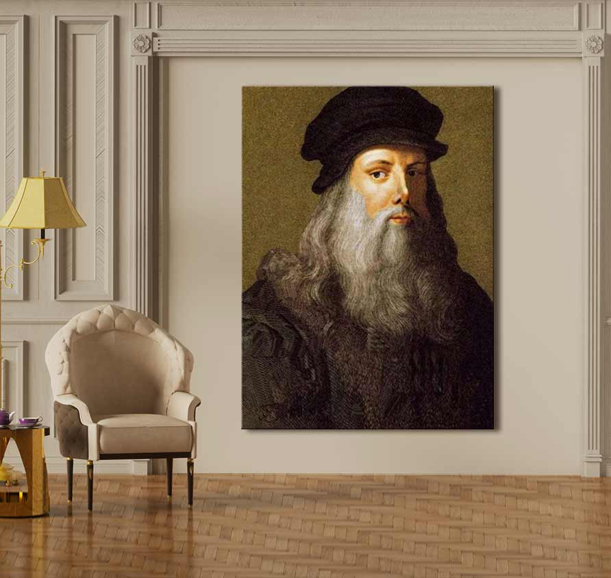Zelfportret van Leonardo Da Vinci, olieverfschilderij. Bejaarde man met baard in klassiek interieur, opgehangen boven fauteuil. Geschilderd op museumkwaliteit canvas.