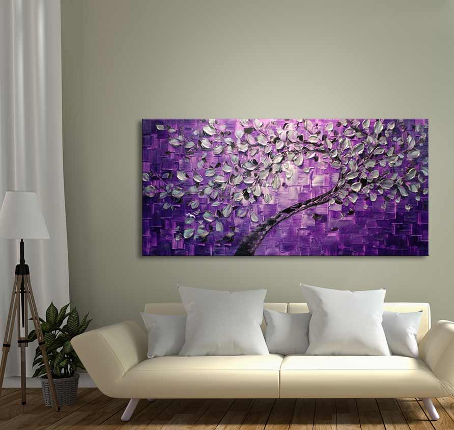 Goudiep bij Lenteschemer – Dikke olieverf op canvas toont een moderne, abstracte boom met zilveren bladeren, perfect voor natuur geïnspireerde interieurs.