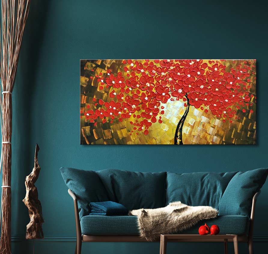 Esdoorn in Bloei – Dikke olieverf op canvas, toont een bloeiende esdoorn op een gouden achtergrond, perfect voor een natuur-geïnspireerd interieur.