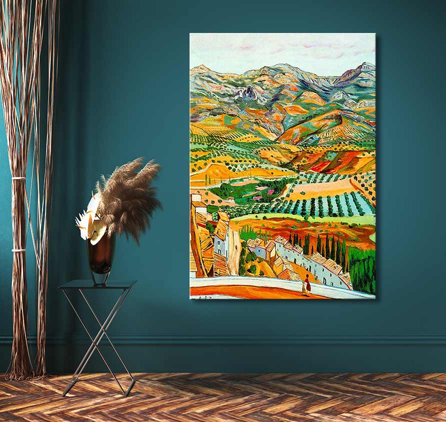 Vincent van Gogh - Verre Landbouwgrond: Olieverfschilderij met glooiende heuvels, velden en huizen, passend in elk interieur. Op houten frame, direct ophangbaar.