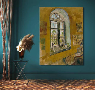 Vincent van Gogh - Saint-Remy Rusthuis: Handgeschilderd olieverfschilderij met een arched raam en flessen op de vensterbank. Ideaal voor liefhebbers van moderne impressionistische kunst.