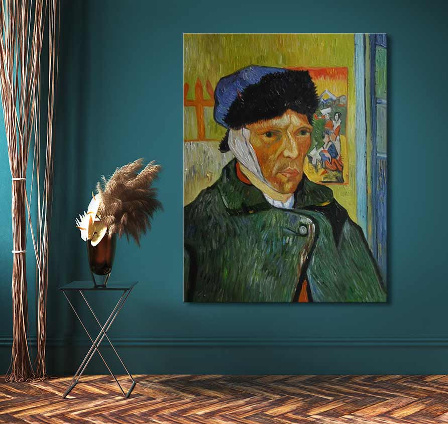 Vincent van Gogh - Zelfportret na Ooramputatie: olieverfschilderij op zuurvrij canvas, met pampasgras op zwart metaal tafeltje, ideaal voor moderne interieurontwerpen.