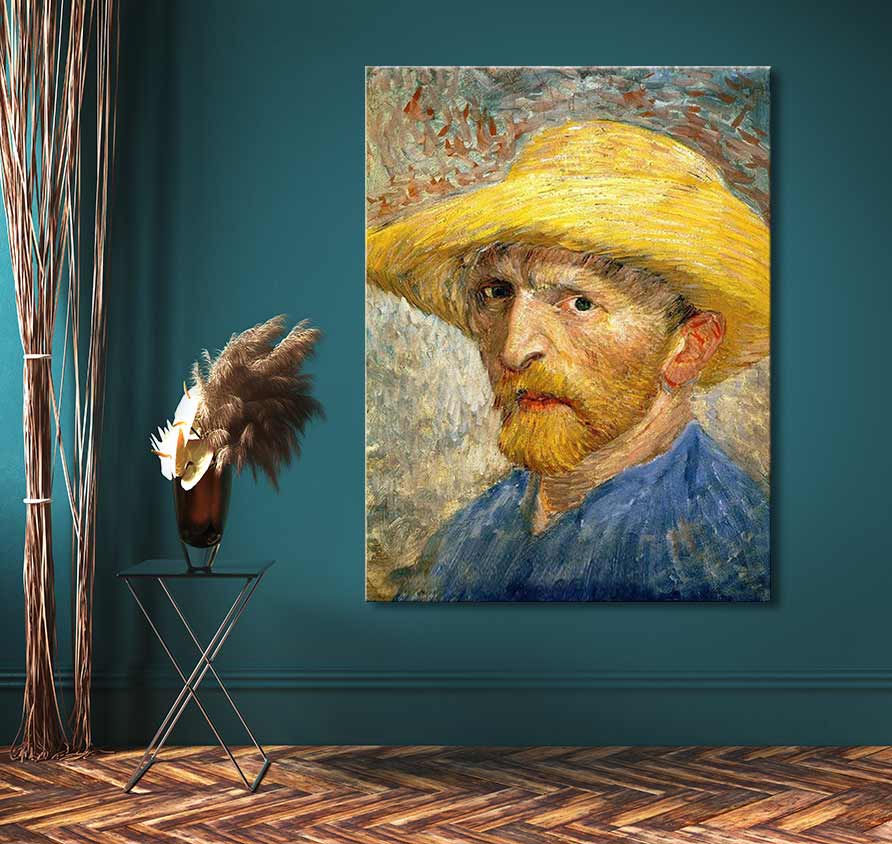 Zelfportret met Hoed van Vincent van Gogh, handgeschilderd op canvas. Geplaatst in een moderne interieursetting met pampasgras en herringbone vloer.