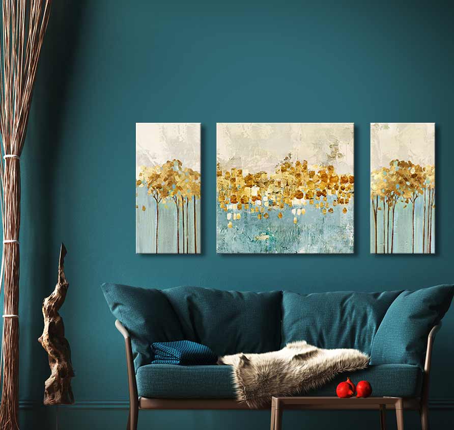 3-Luik Golden Trees - Acrylverf op canvas: Abstracte bomen met goudaccenten, perfect voor moderne inrichting. Beschikbaar bij degrootmeesters.com. Geschilderd op museumkwaliteit canvas, klaar om op te hangen.