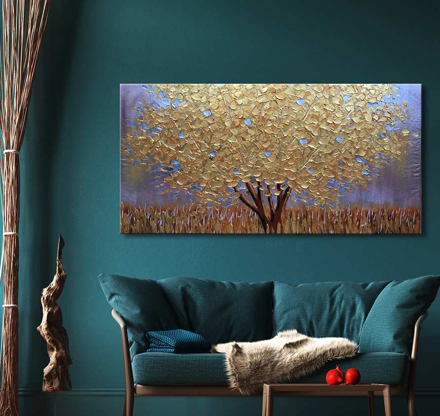 Gouden Esdoorn – Dikke olieverf op canvas, toont een gouden esdoorn in bloei. Geschilderd met paletmeskunst, perfect voor natuurliefhebbers. Opgespannen en klaar om op te hangen.