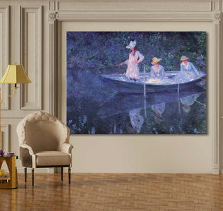 Drie vrouwen in een boot op kalme rivier, geïnspireerd door Claude Monet's Vissende Noorse Vrouwen. Handgeschilderd olieverf op canvas, zonder lijst nodig.