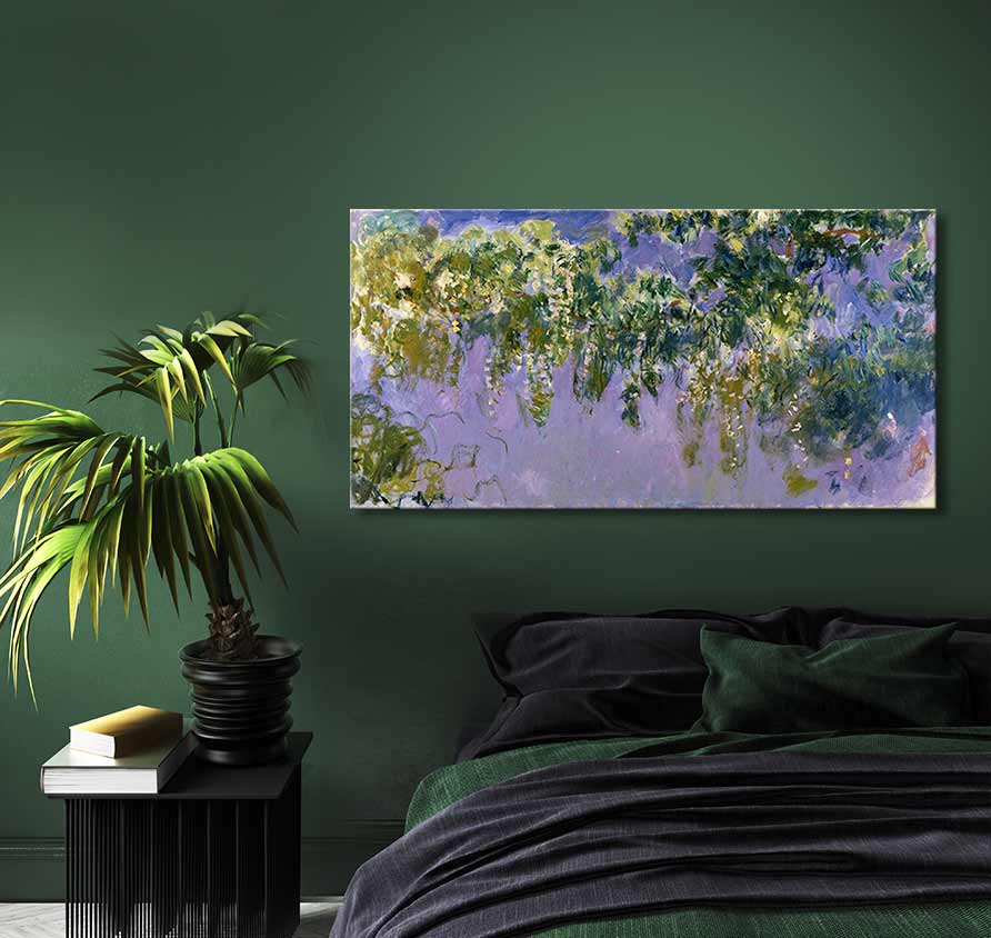 Impressionistisch olieverfschilderij Claude Monet – Cypressen in Bloei tegen groene muur, naast boeken en palm op houten tafel. Geschilderd op museumkwaliteit canvas.